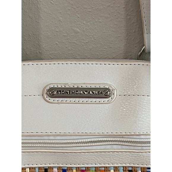 Stone Mountain Multicolor Straw Satchel Bag White Faux Leather Trim - Picture 4 of 16